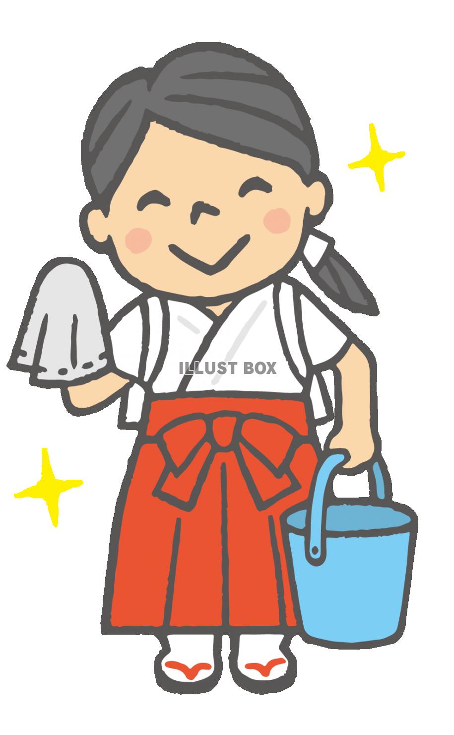 無料イラスト 巫女さんたすき掛け巫女装束拭き掃除雑巾バケツ大掃除仕事