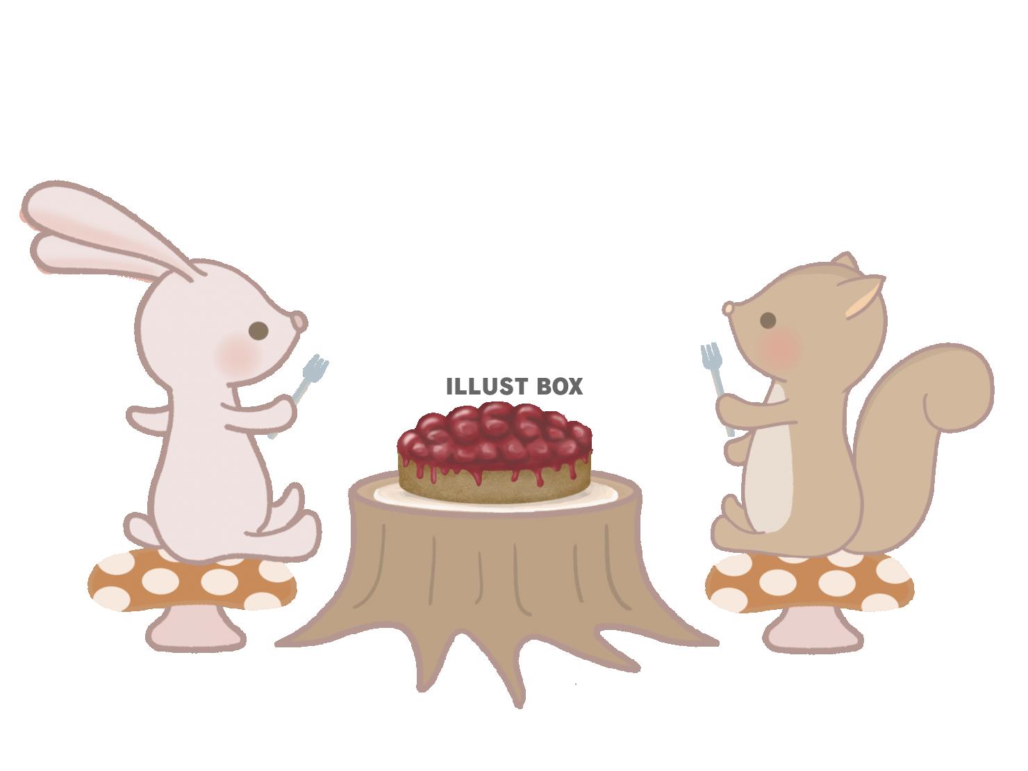 ケーキを食べるウサギとリス　線あり