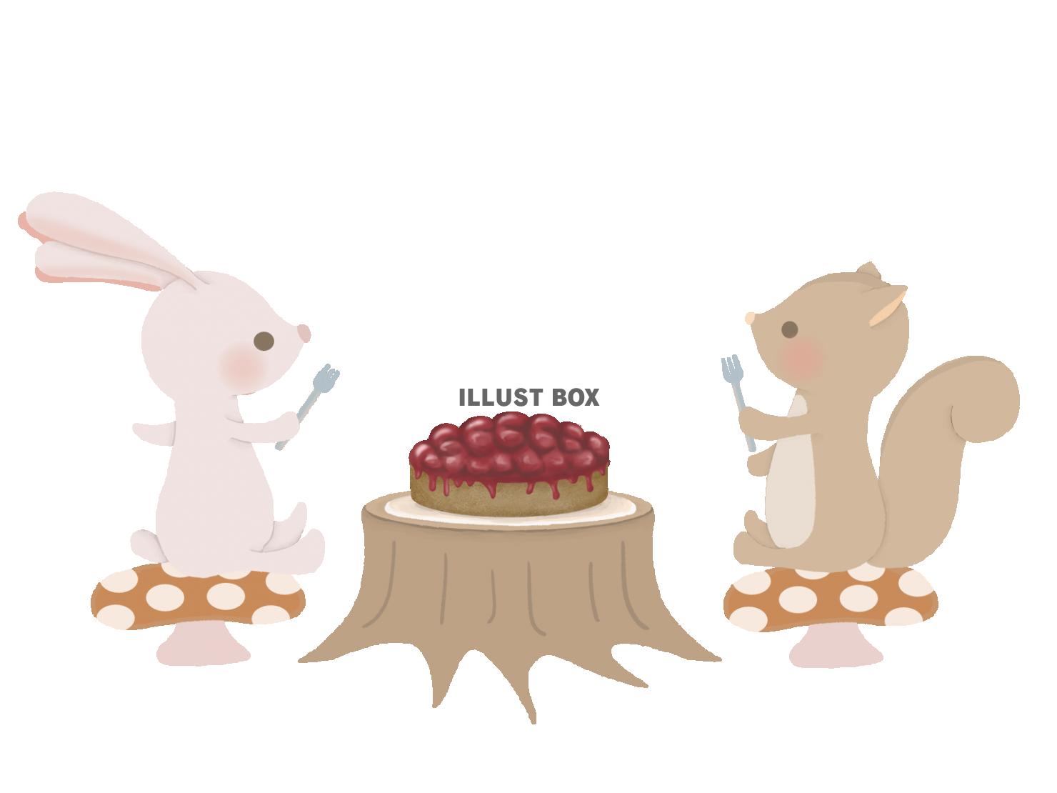 無料イラスト ケーキを食べるウサギとリス 線なし