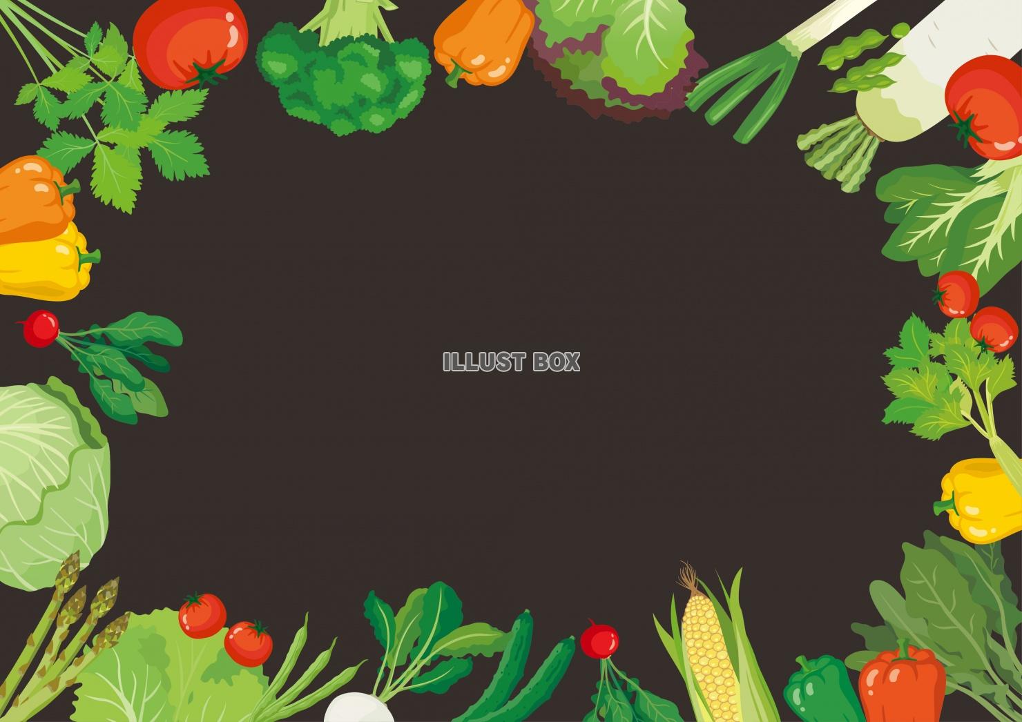 無料イラスト ベジタブル 野菜がいっぱいの背景フレーム 黒板風