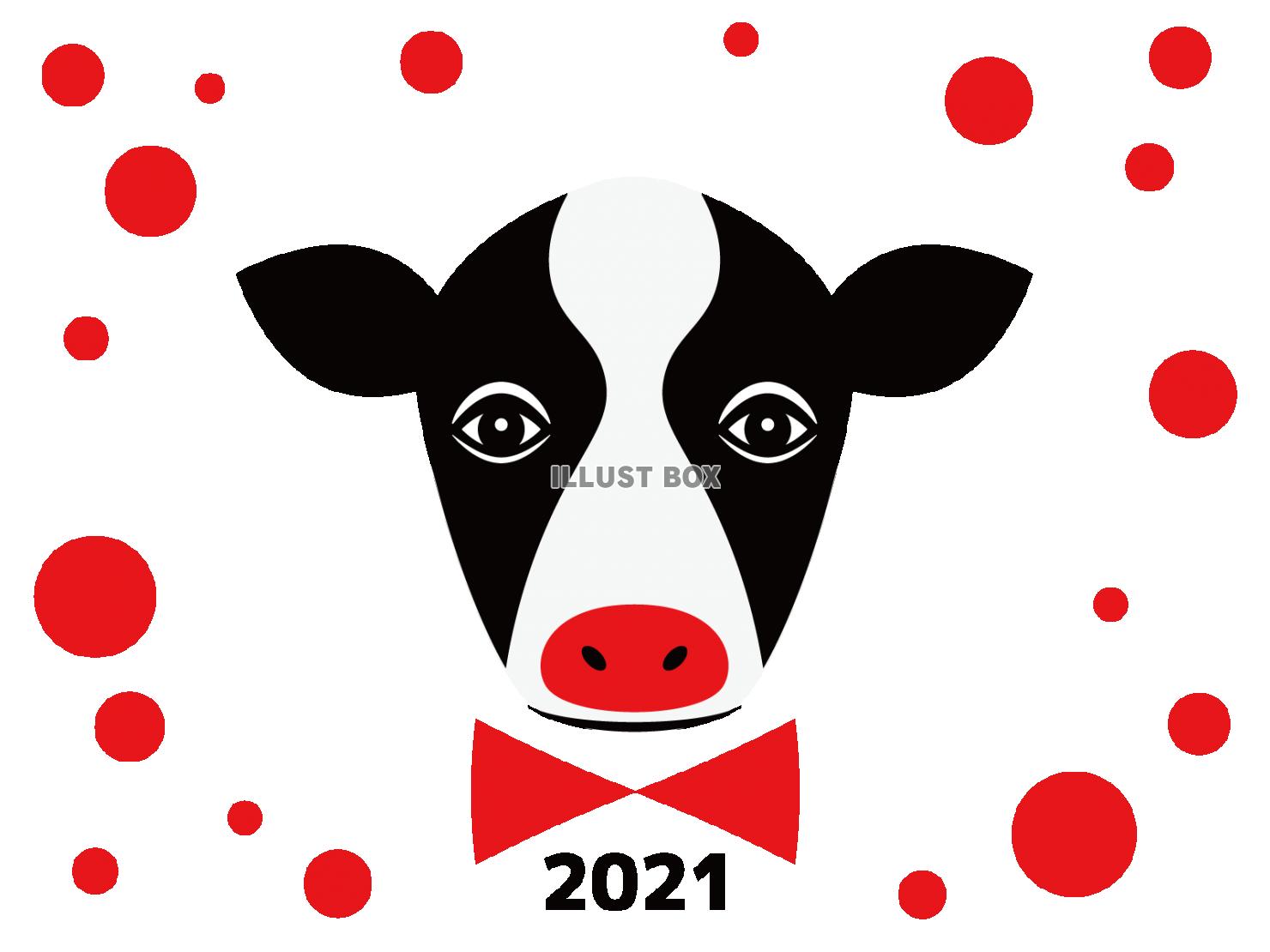 2021年　年賀状　丑年　ポップな牛のイラスト　赤
