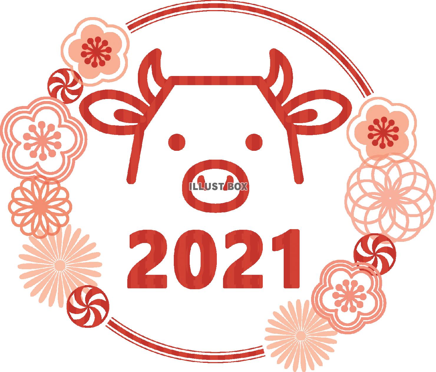 2021丑年の年賀状用　花と牛2