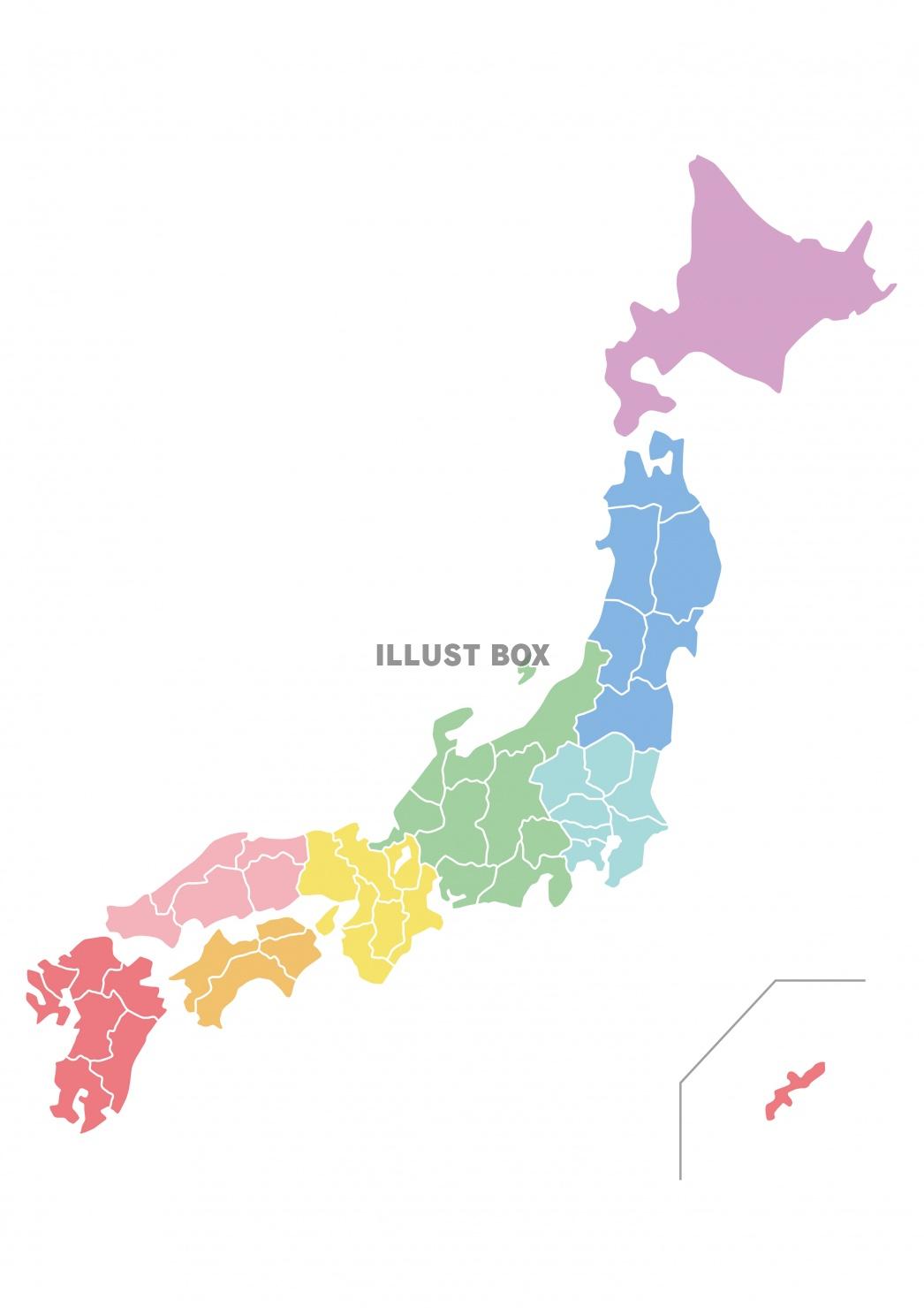 無料イラスト Japan 日本地図 地方区分 県境あり カラー
