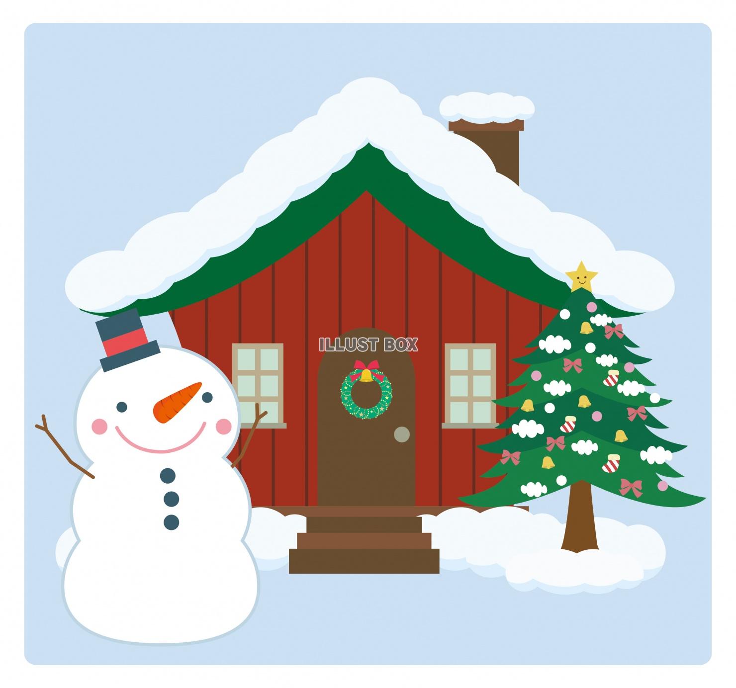 無料イラスト 雪の積もった山小屋のクリスマスイラスト