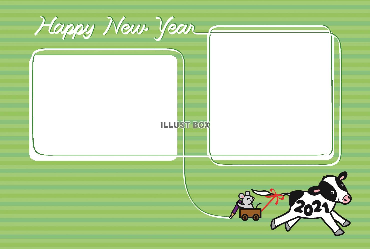 牛とネズミが書いた写真フレームの年賀状（２枚用）