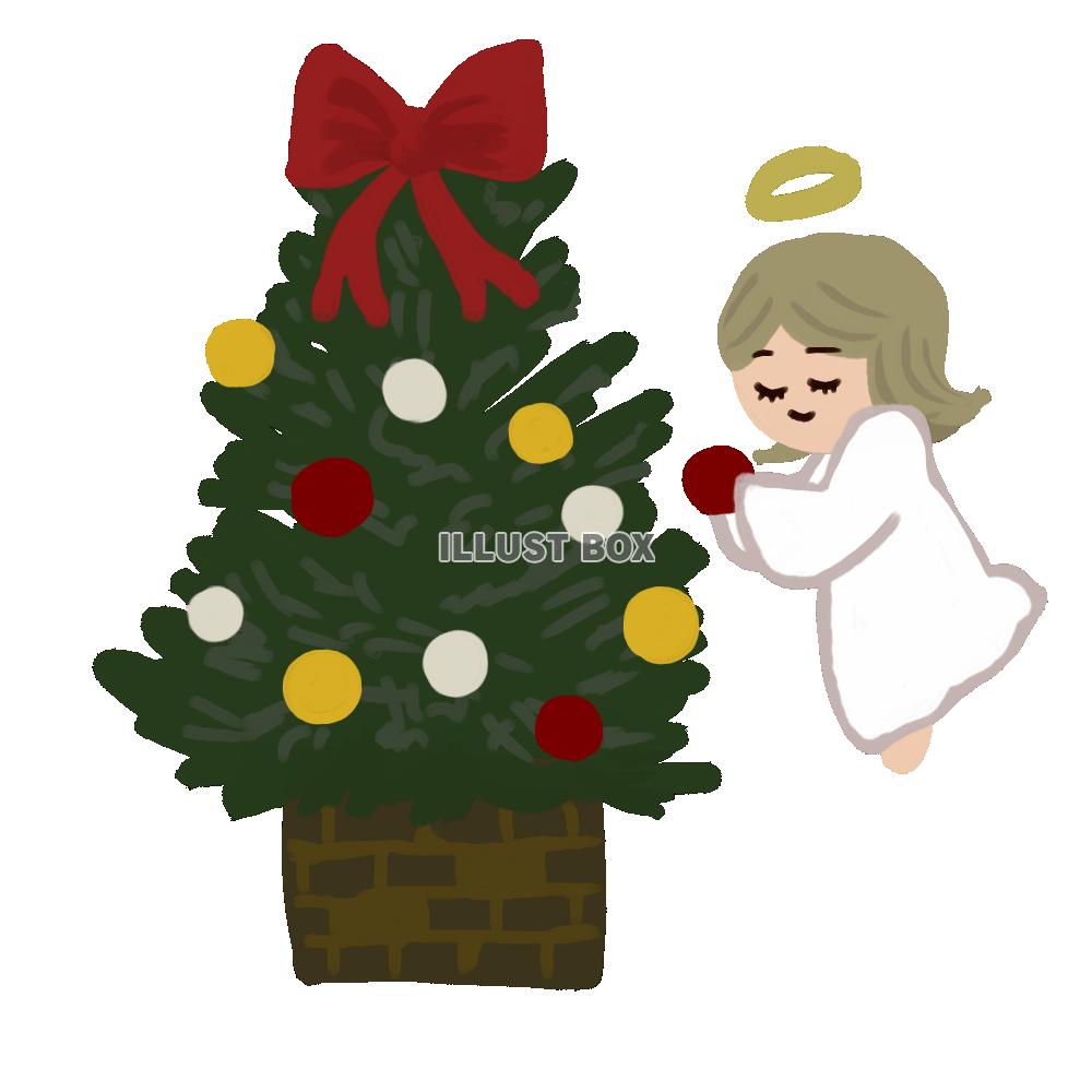 無料イラスト クリスマスツリーを飾り付ける天使