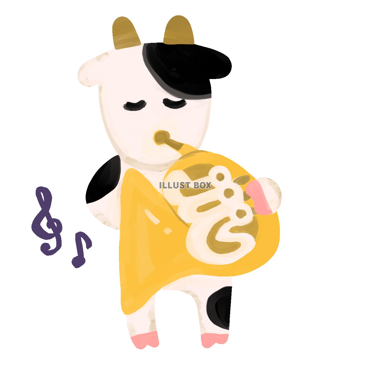 無料イラスト 楽器を演奏する牛 ホルン