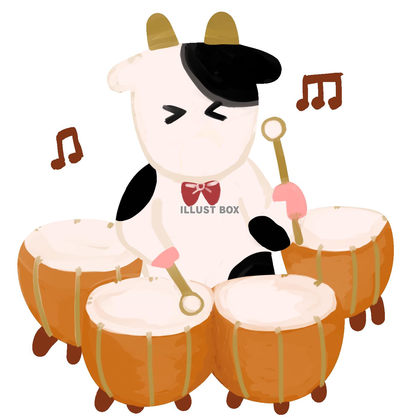 楽器を演奏する牛　ティンパニ