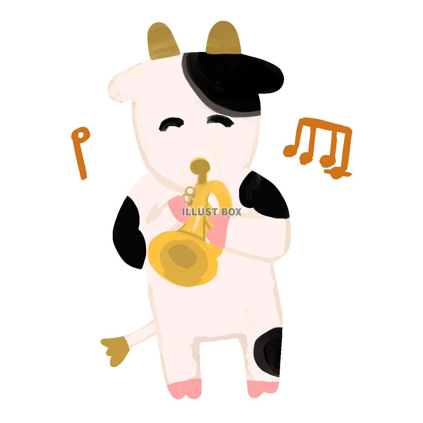 無料イラスト 楽器を演奏する牛 トランペット