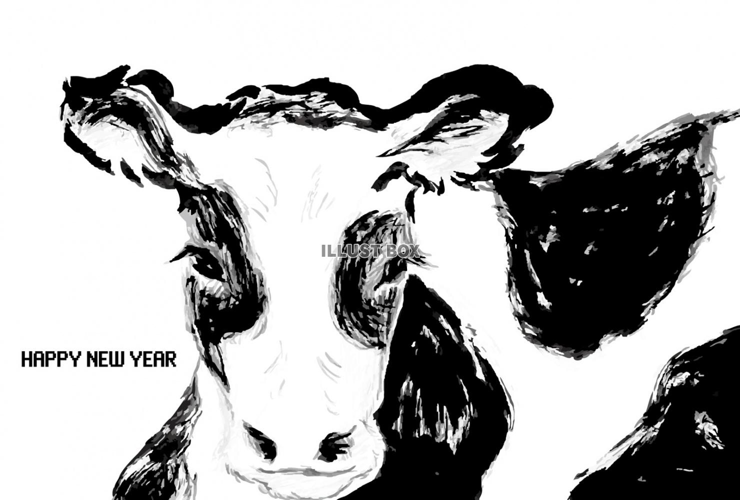 丑年年賀状手描き乳牛筆書き墨絵干支動物1月2021年令和三年...