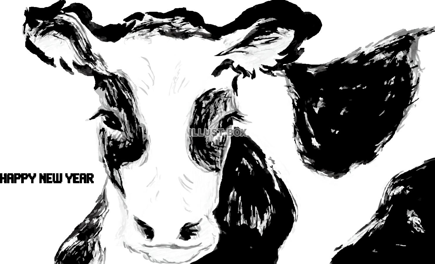 無料イラスト 丑年年賀状手描き牛筆書き墨絵干支動物1月21年モノクロ白