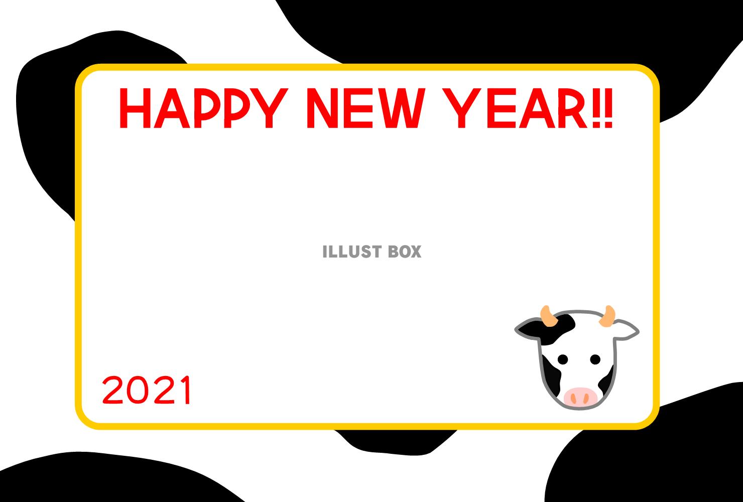 ホルスタイン牛模様の年賀状（２０２１・枠黄色）