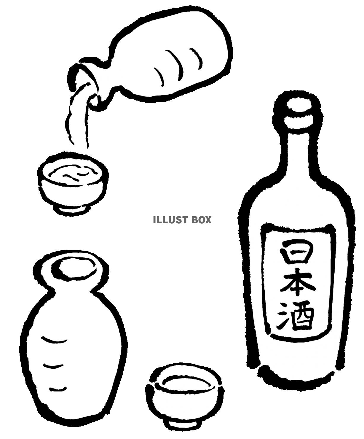 無料イラスト 日本酒セット１ モノクロ