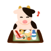 楽しく給食を食べる牛　学校イラスト