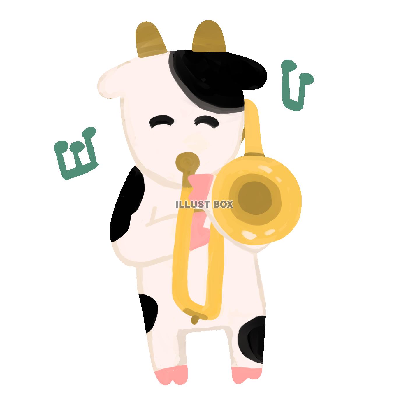 無料イラスト トロンボーンを演奏する牛のイラスト 年賀状素材