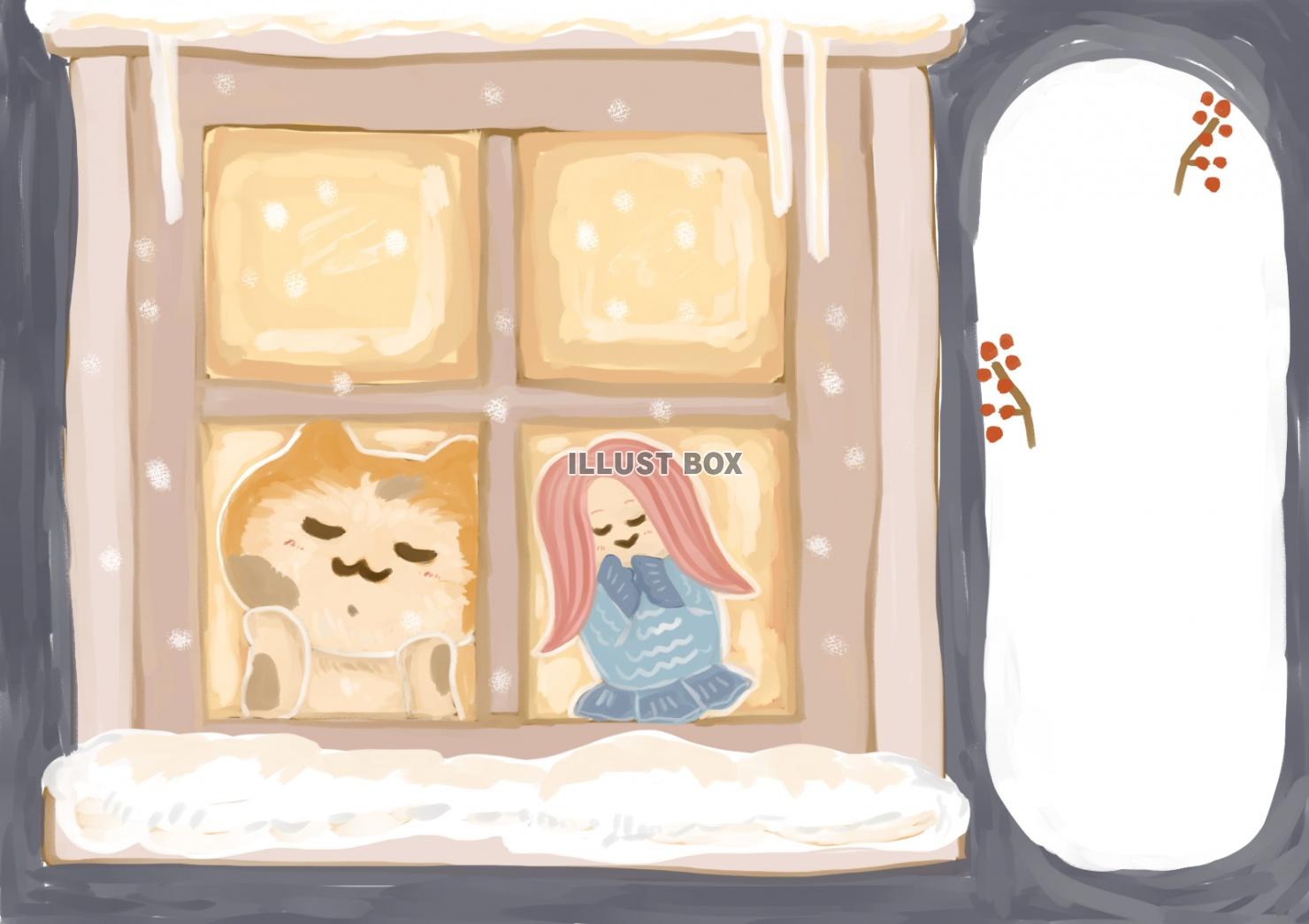 寒中見舞いテンプレート　窓から雪をながめる三毛猫とアマビエ　