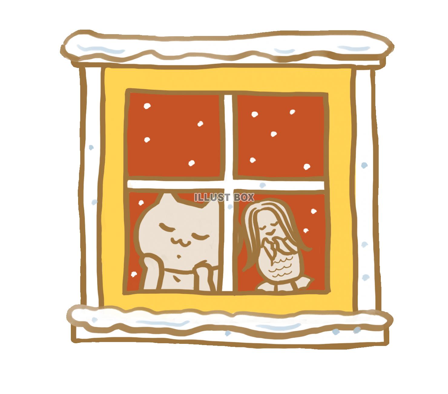 窓から雪を眺める猫ちゃんとアマビエ