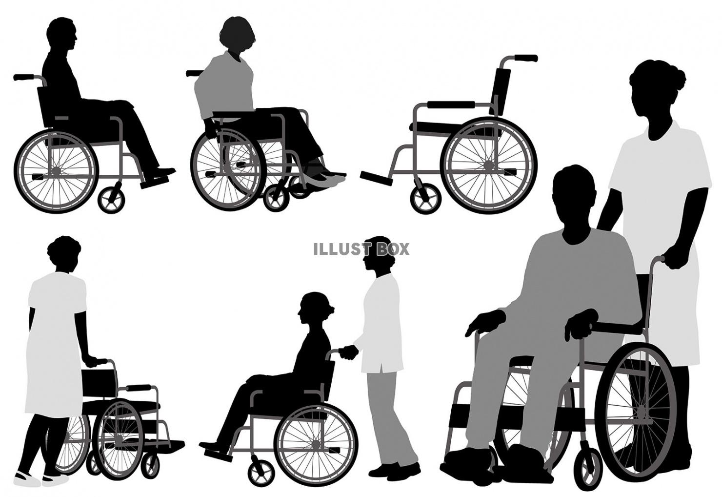 無料イラスト 車椅子利用者のシルエット セット