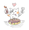 ゆるい手描き風イラスト　関西風お好み焼きを食べる猫