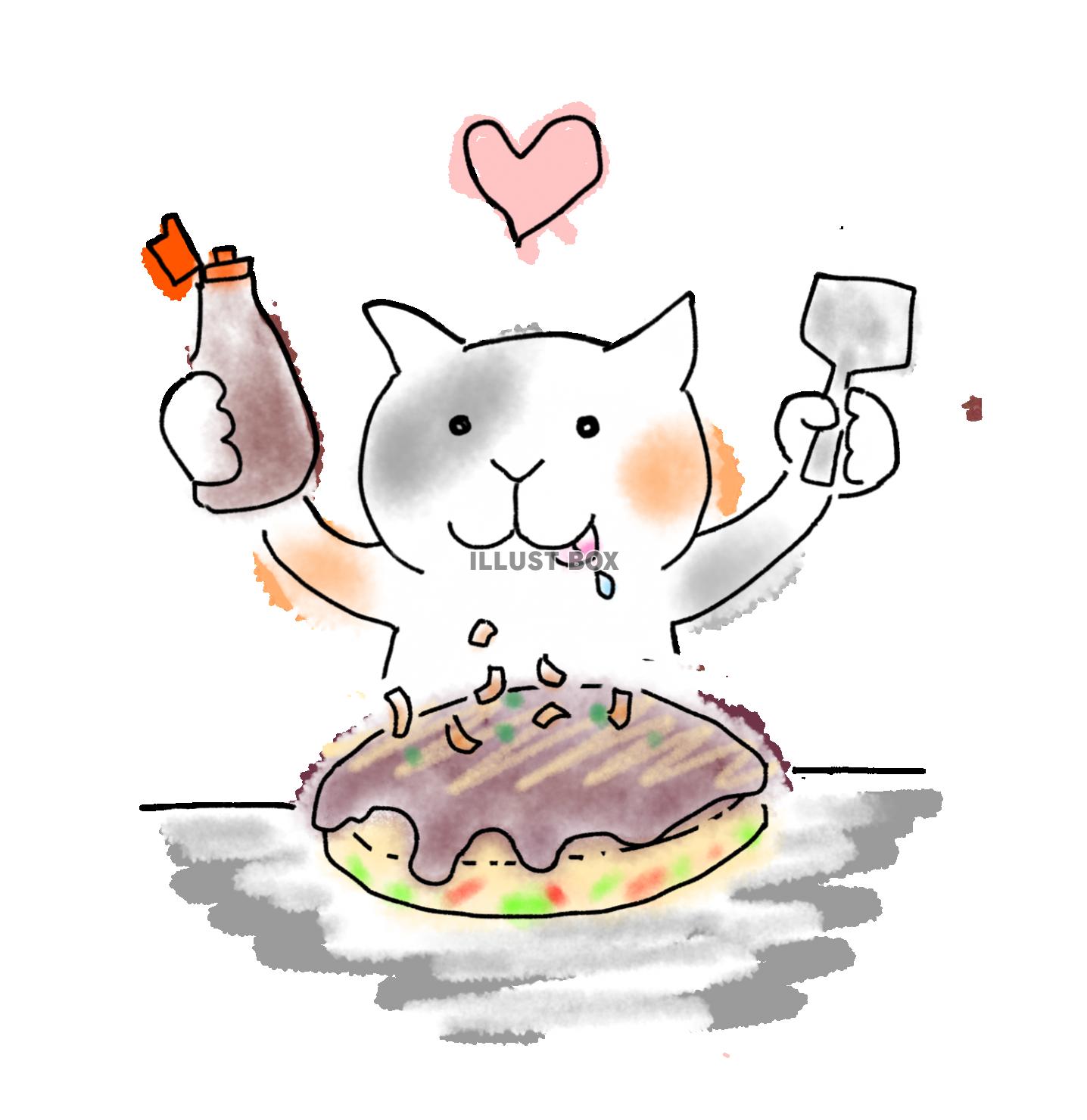 ゆるい手描き風イラスト　関西風お好み焼きを食べる猫