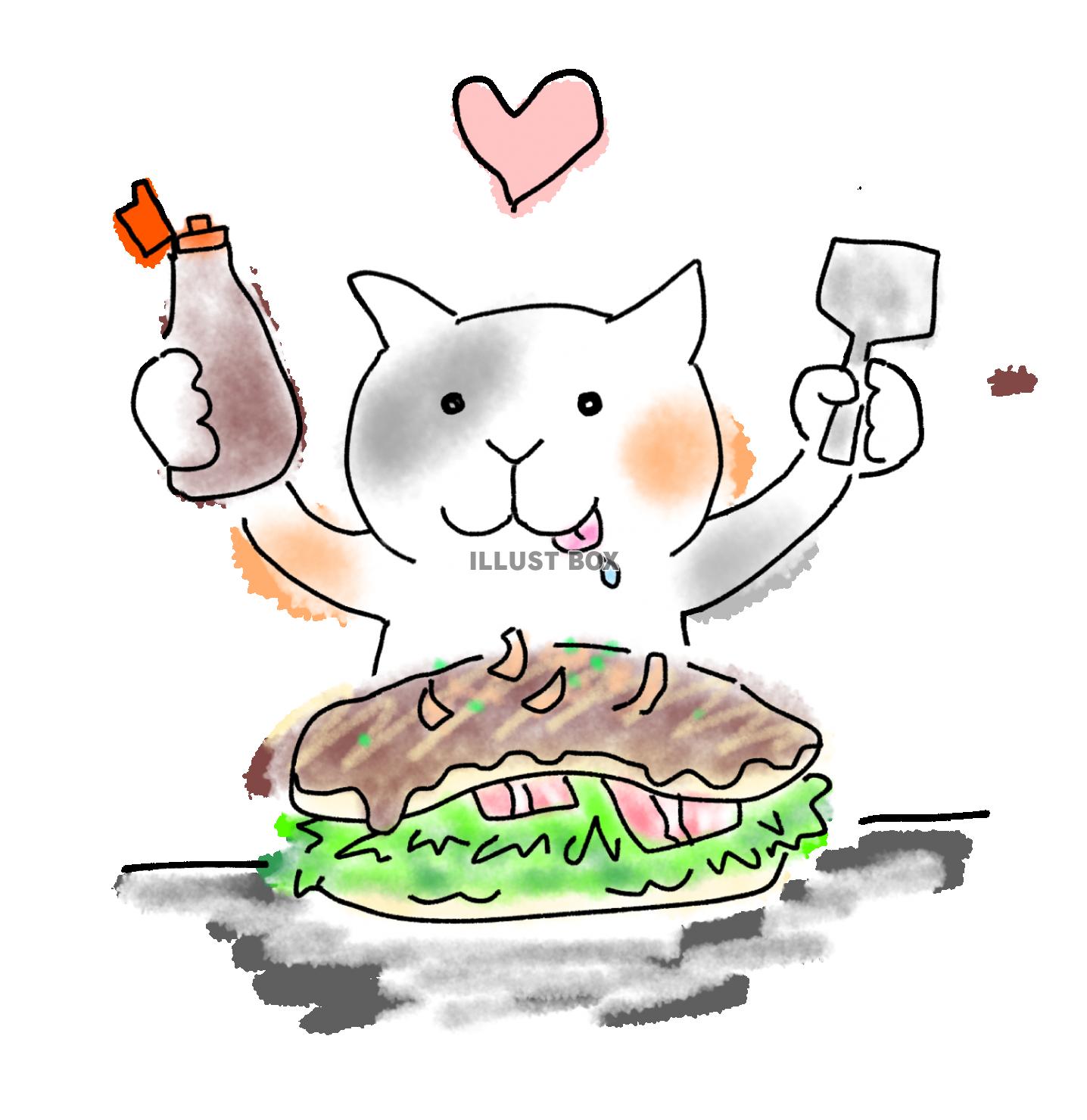 ゆるい手描き風イラスト　広島風お好み焼きを食べる猫