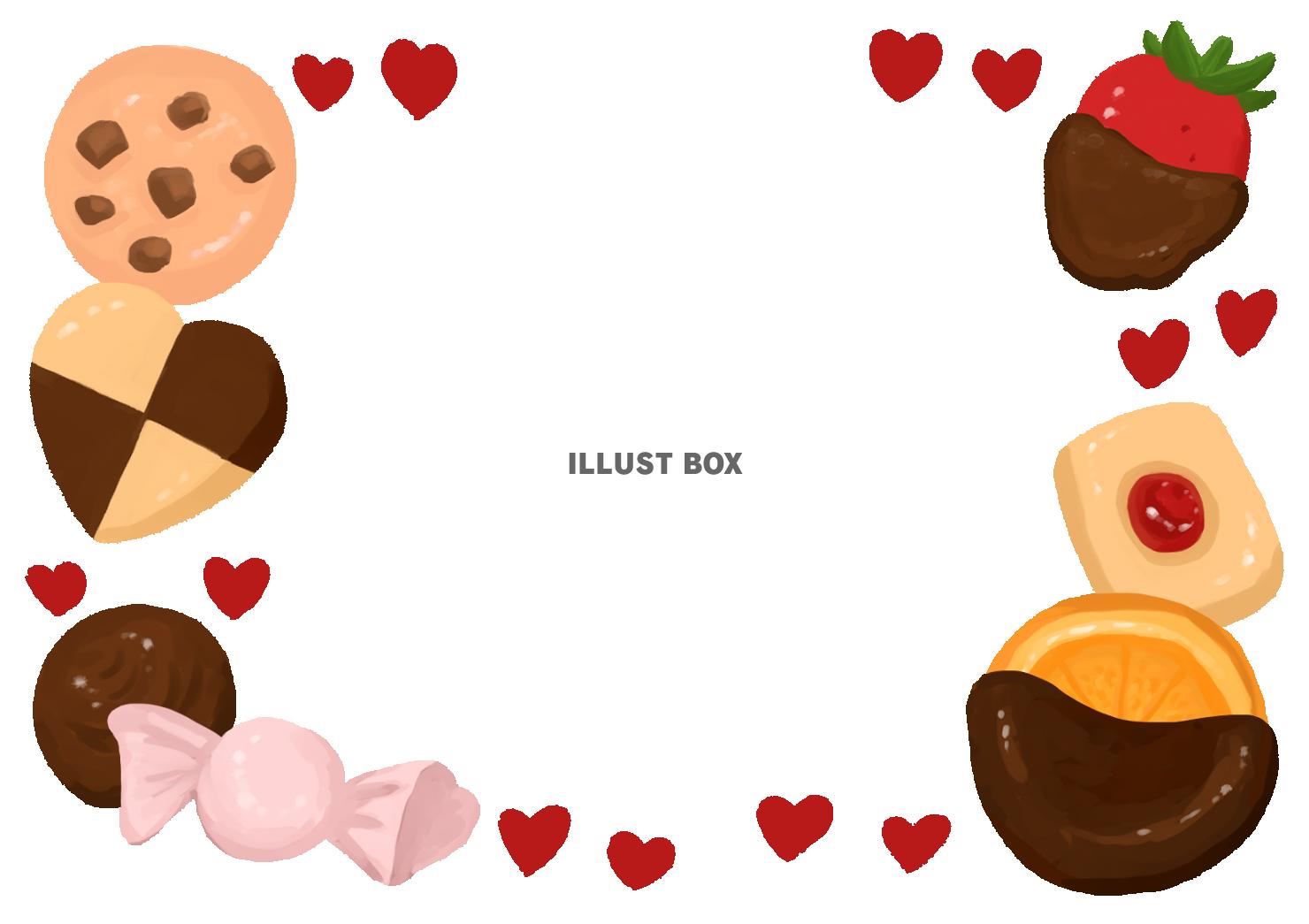 バレンタイン　ハートと色々なお菓子　フレーム素材　はがき横