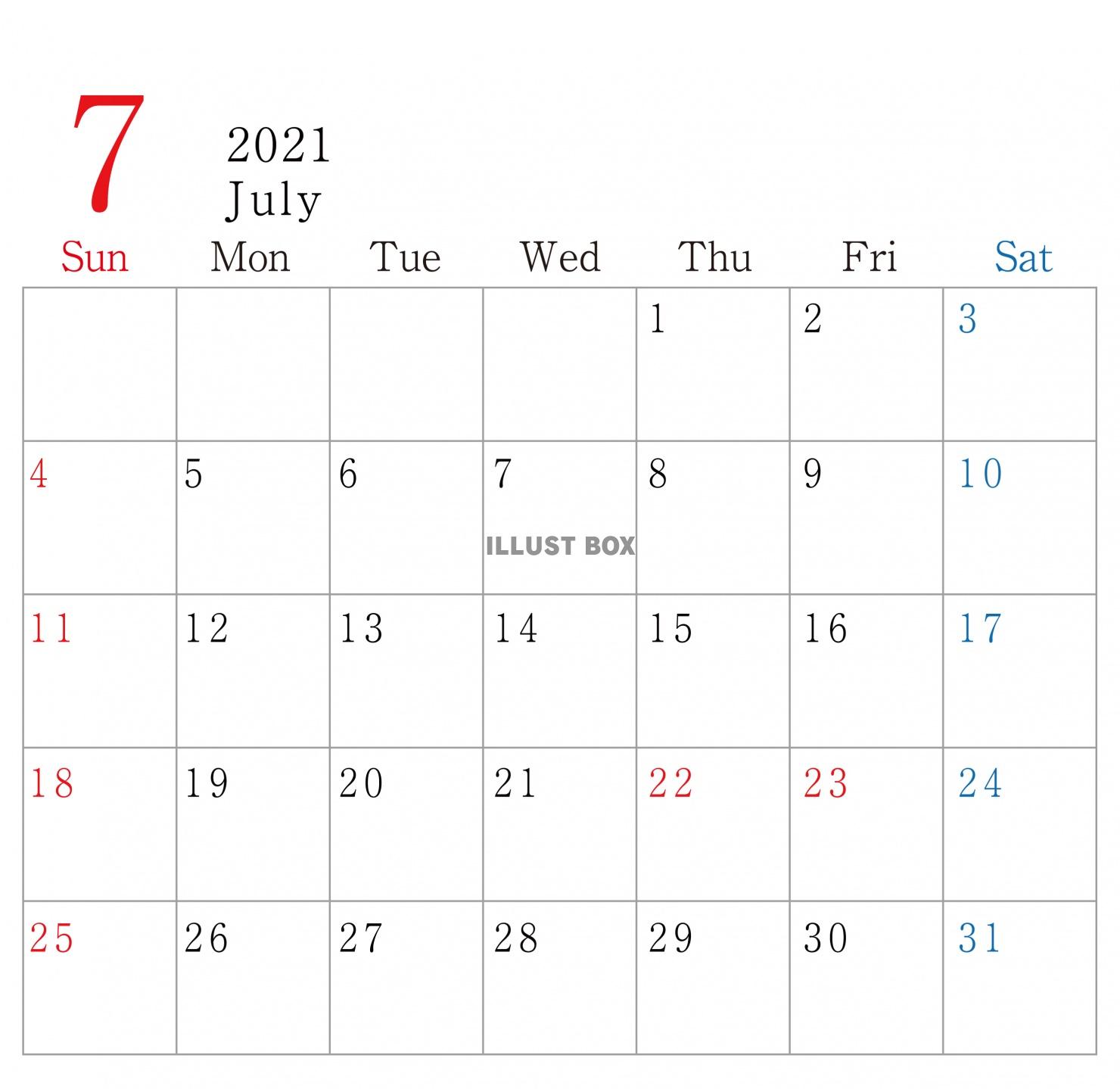 2021年　カレンダー　7月