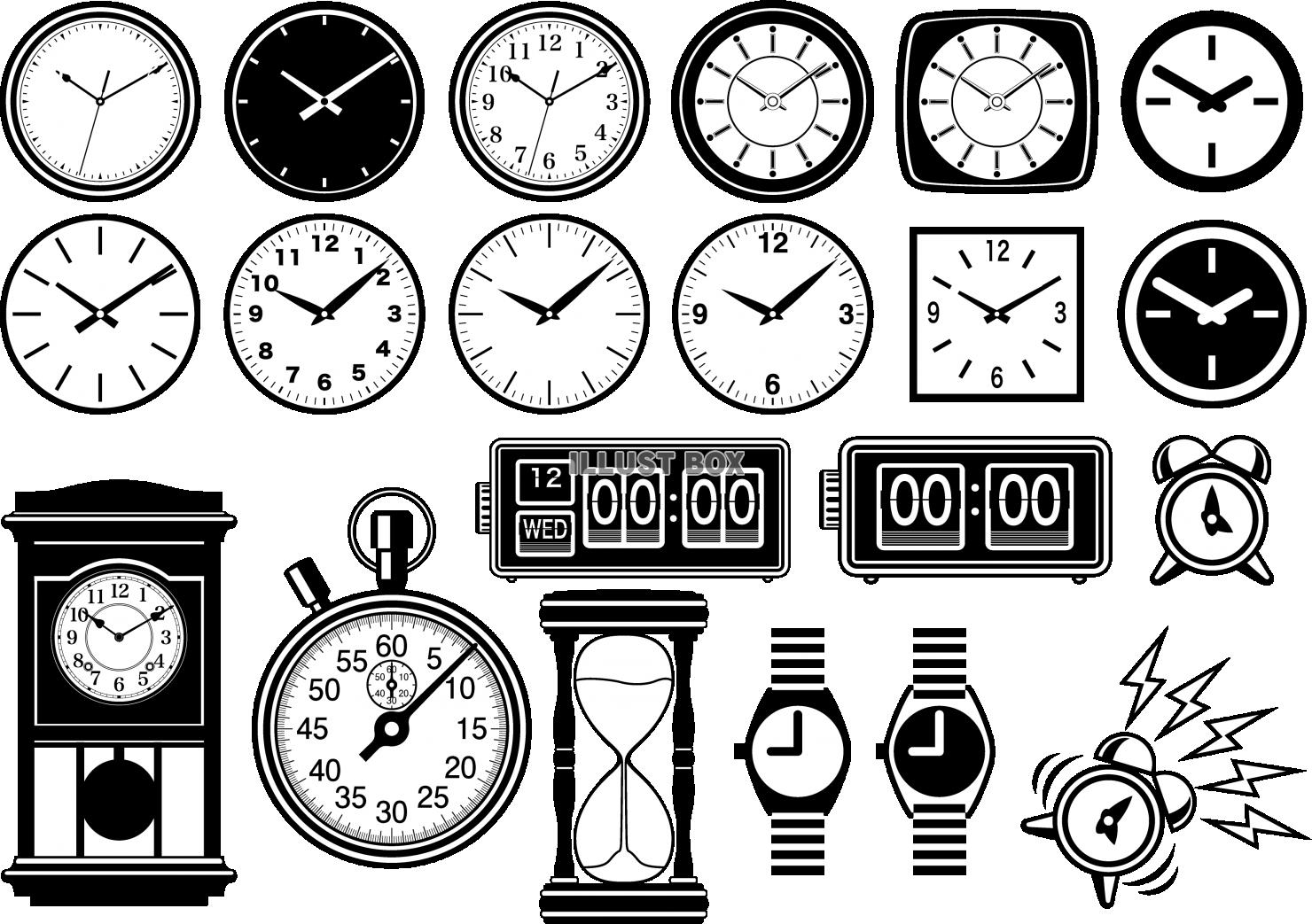 無料イラスト いろいろな時計のシルエット 線画 セット