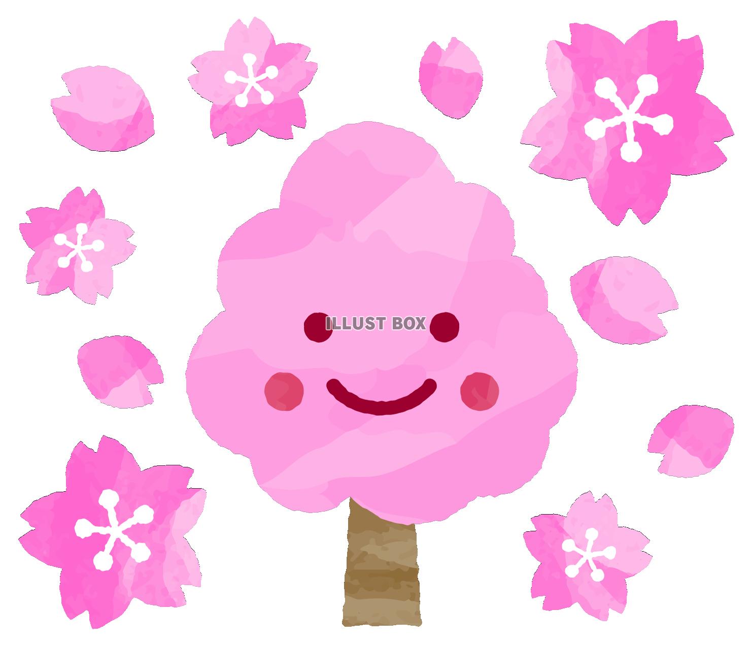 無料イラスト 笑顔の桜の木と桜の花