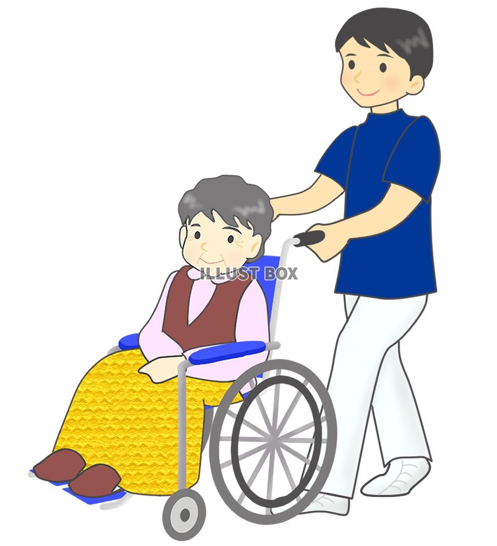 無料イラスト 車椅子を押す看護師