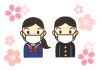 桜とマスクを着けた学生　透過png