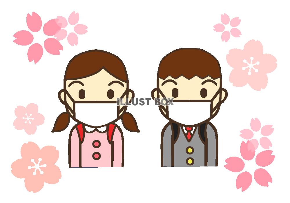 桜とマスクを着けた小学生　透過png