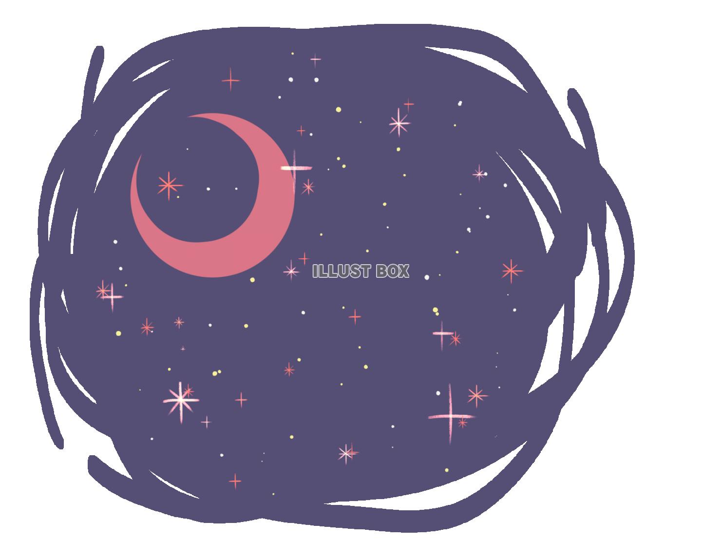 手書き風の可愛い絵本の様な月と星空の背景（透過PNG）