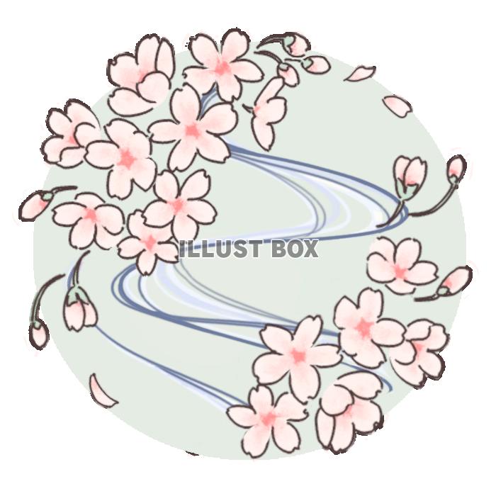 桜に流水模様のイラスト（抹茶色）