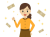 降ってくるお金と笑顔の女性とキラキラ（透過PNG）