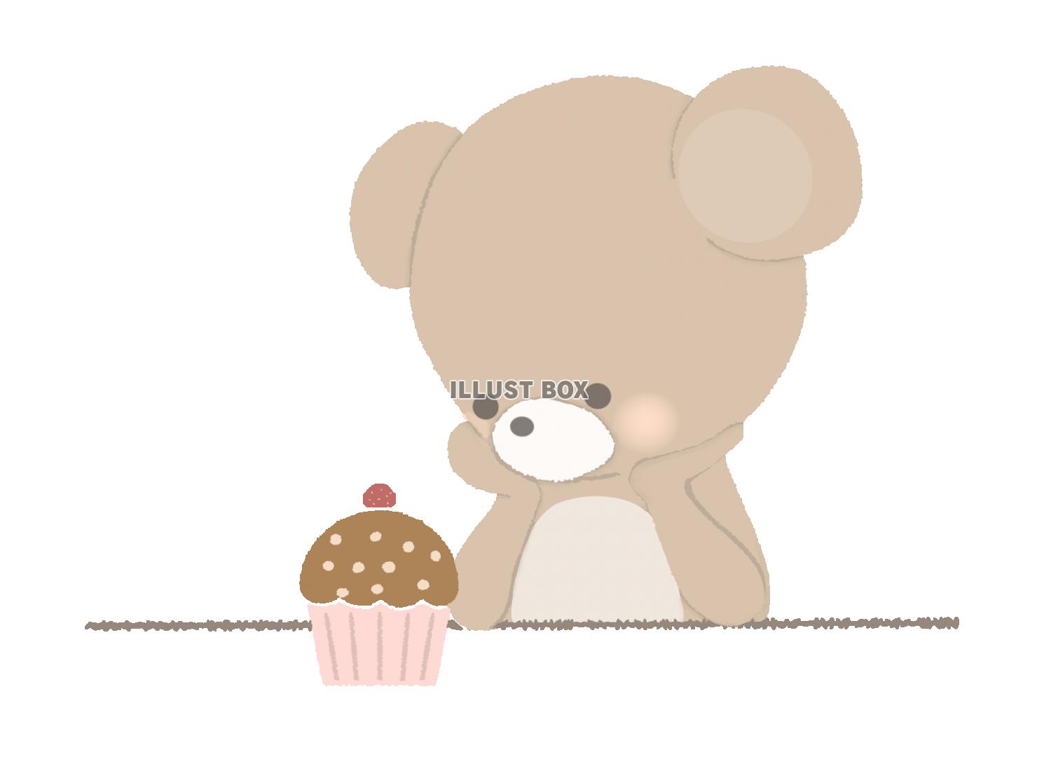 無料イラスト ケーキを食べるか悩むクマのイラスト 線なし