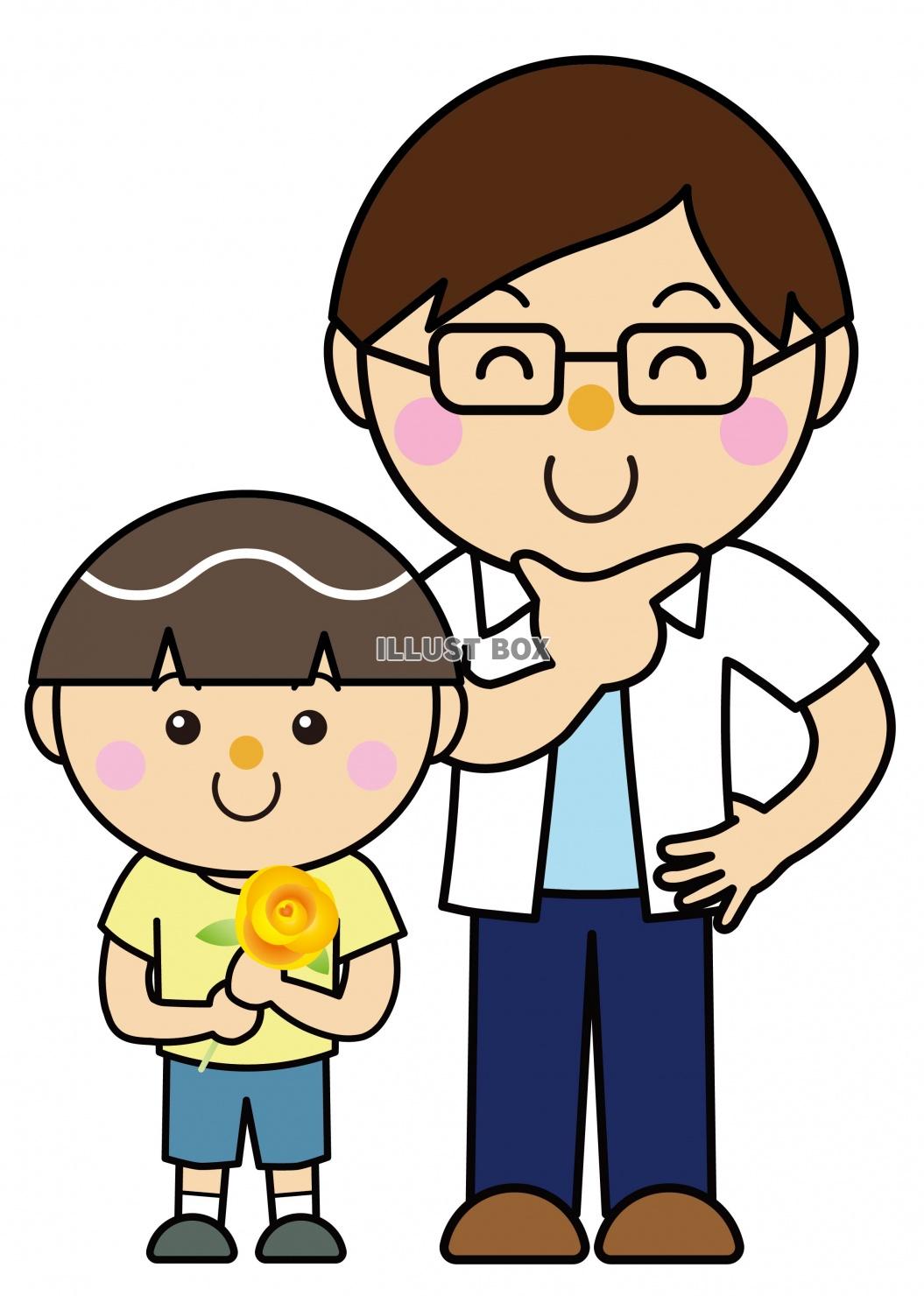 男の子06_12（黄色いバラの花を持つ男の子とお父さん）