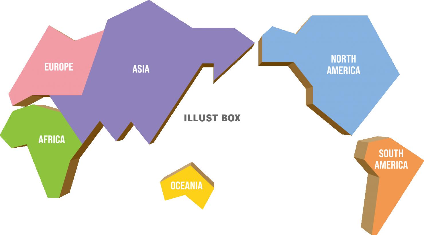シンプルな世界地図　大陸の色分け