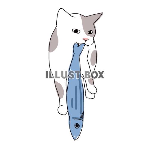 無料イラスト 猫のシンプルかわいい全身イラスト 魚をくわえるネコ