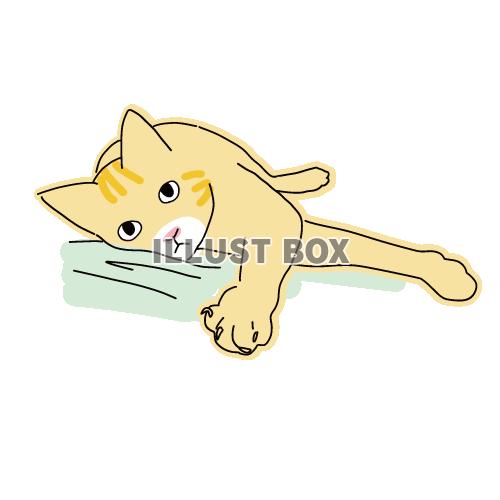 猫のシンプルかわいい全身イラスト　ベッドのシーツの上で寝転が...