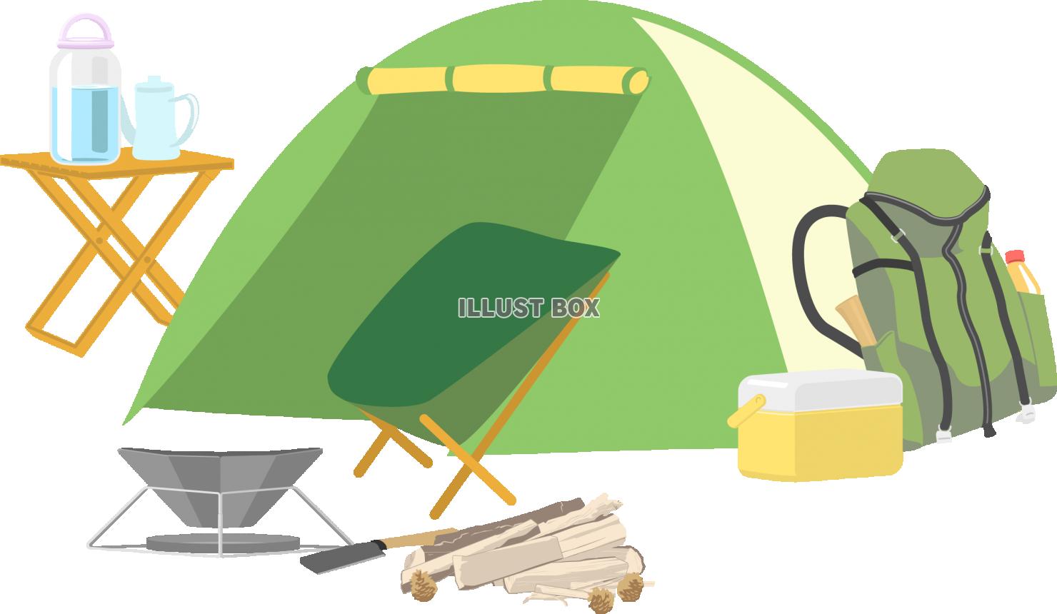 無料イラスト シンプルなソロキャンプ の道具セット2