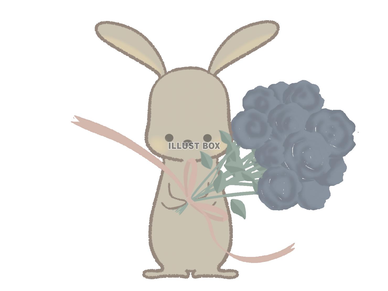花束を持ったウサギのイラスト　線あり