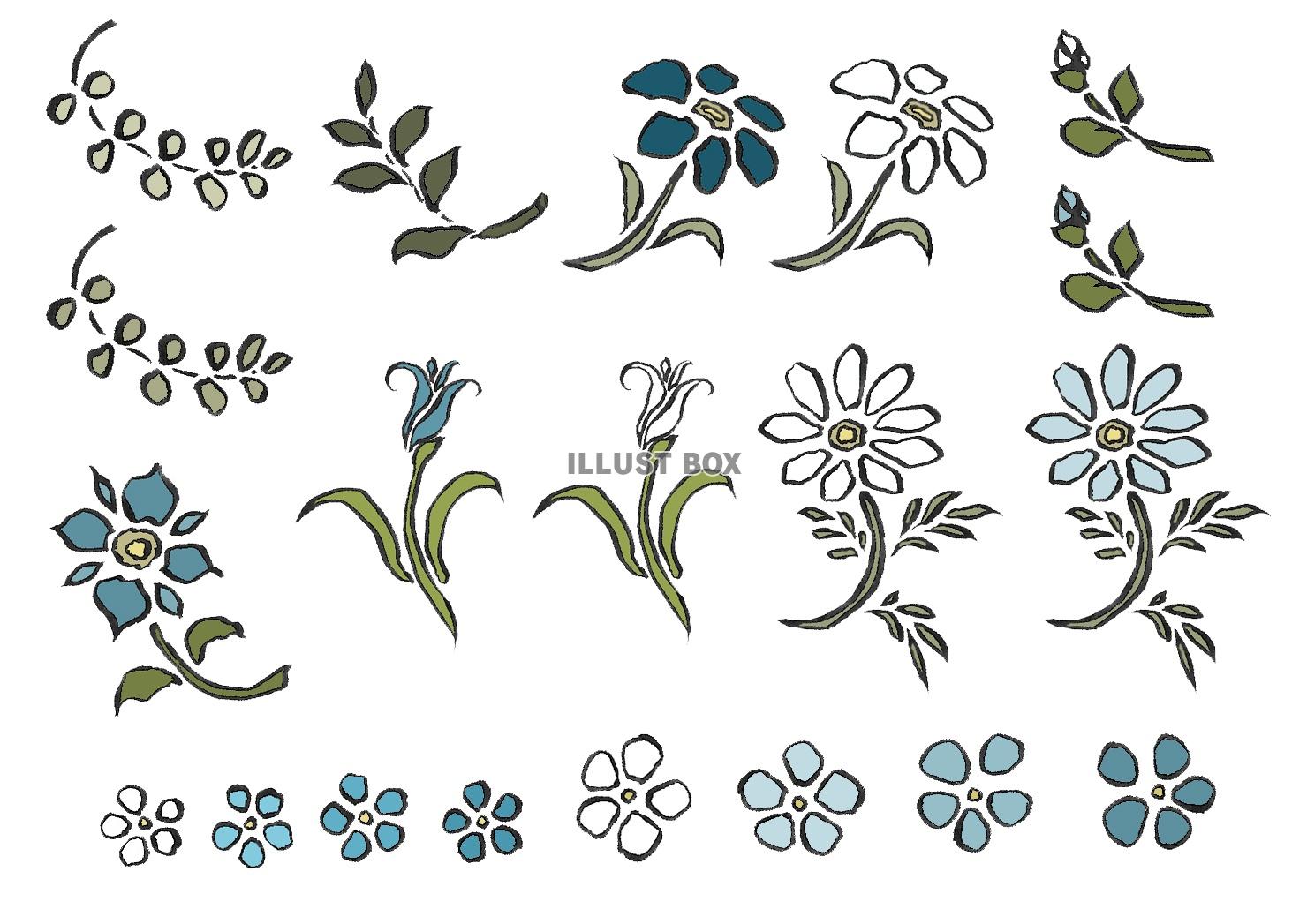 無料イラスト 青い花と白い花のセット