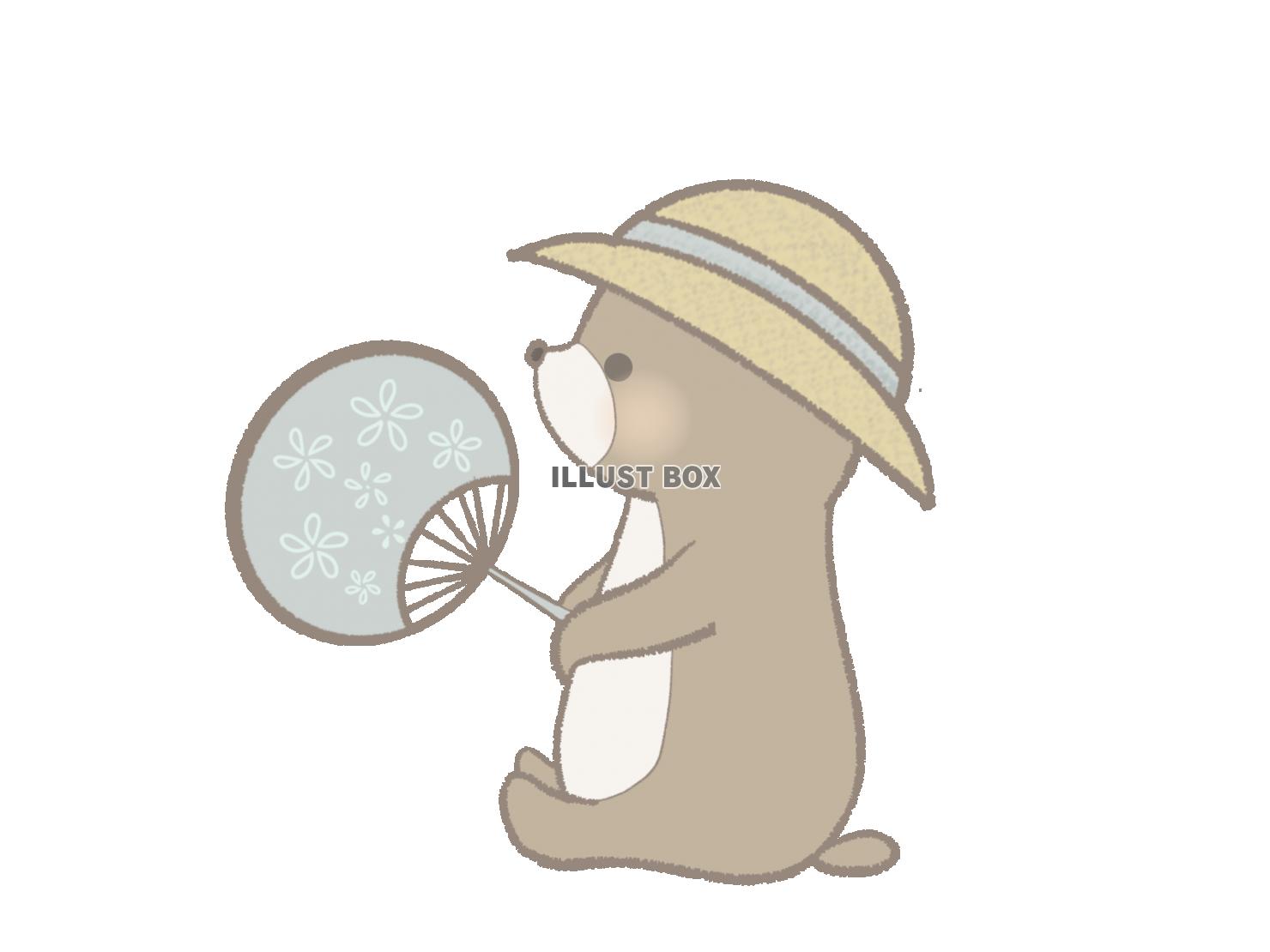 うちわを持つクマのイラスト　線あり