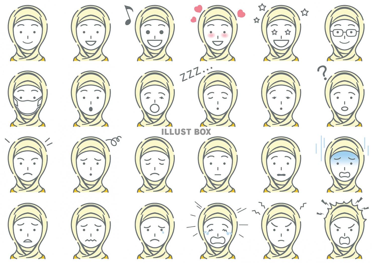 イスラム系女性の表情イラストセット