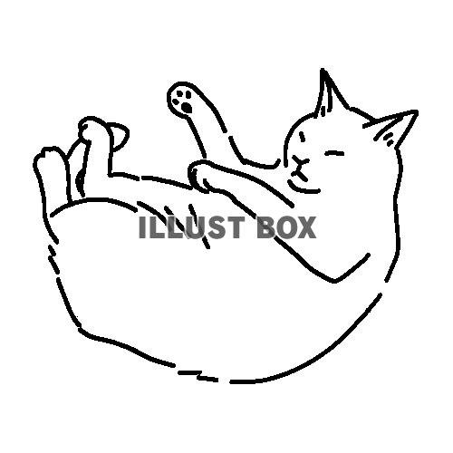 丸まって寝転がっている猫の全身線画イラスト