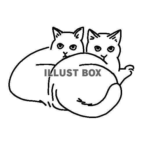 仲良くくっついている二匹の猫の全身線画イラスト