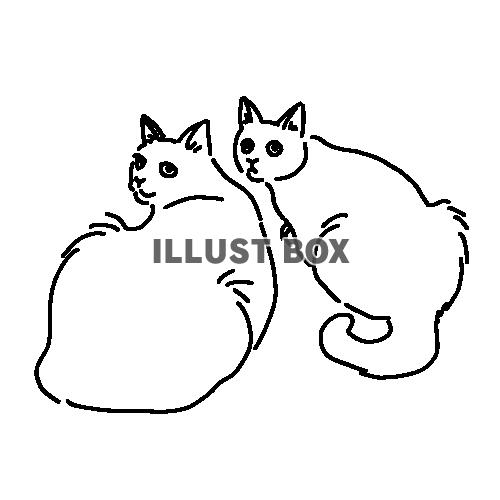 振り向く二匹の猫の猫の全身線画イラスト