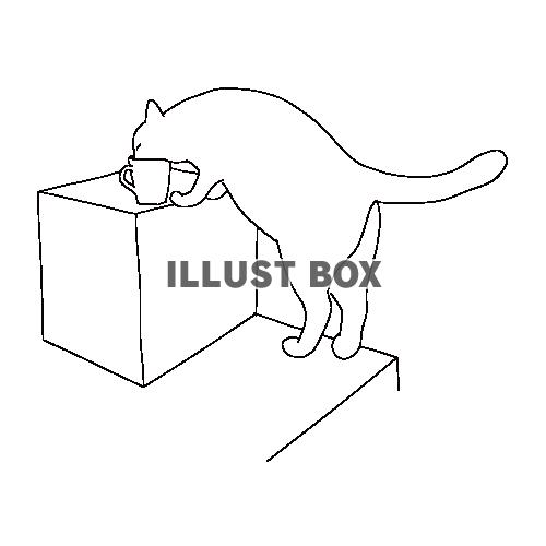 マグカップの水を飲む猫の全身線画イラスト