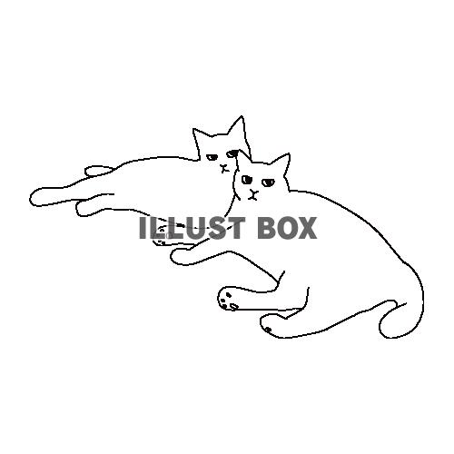 二匹でくっついてリラックスしている猫の全身線画イラスト